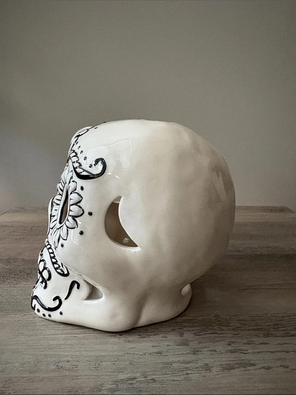 Blue Sky White and Black Ceramic Sugar Skull Tea Light Candle Holder
